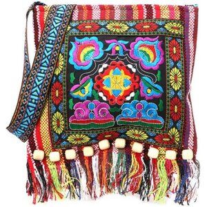 Vintage Ethnic Tribal Embroidered Tassel Sling Crossbody Boho Hippie ShoulderBag